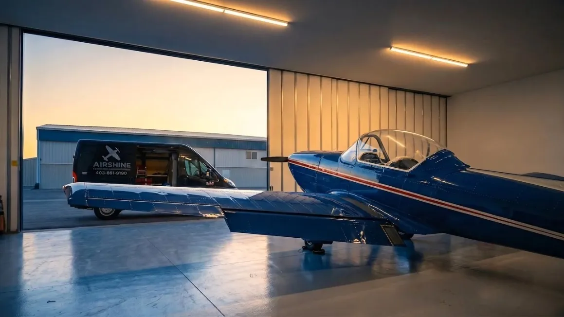 Polished blue aircraft and branded Airshine van in an open hangar at golden hour