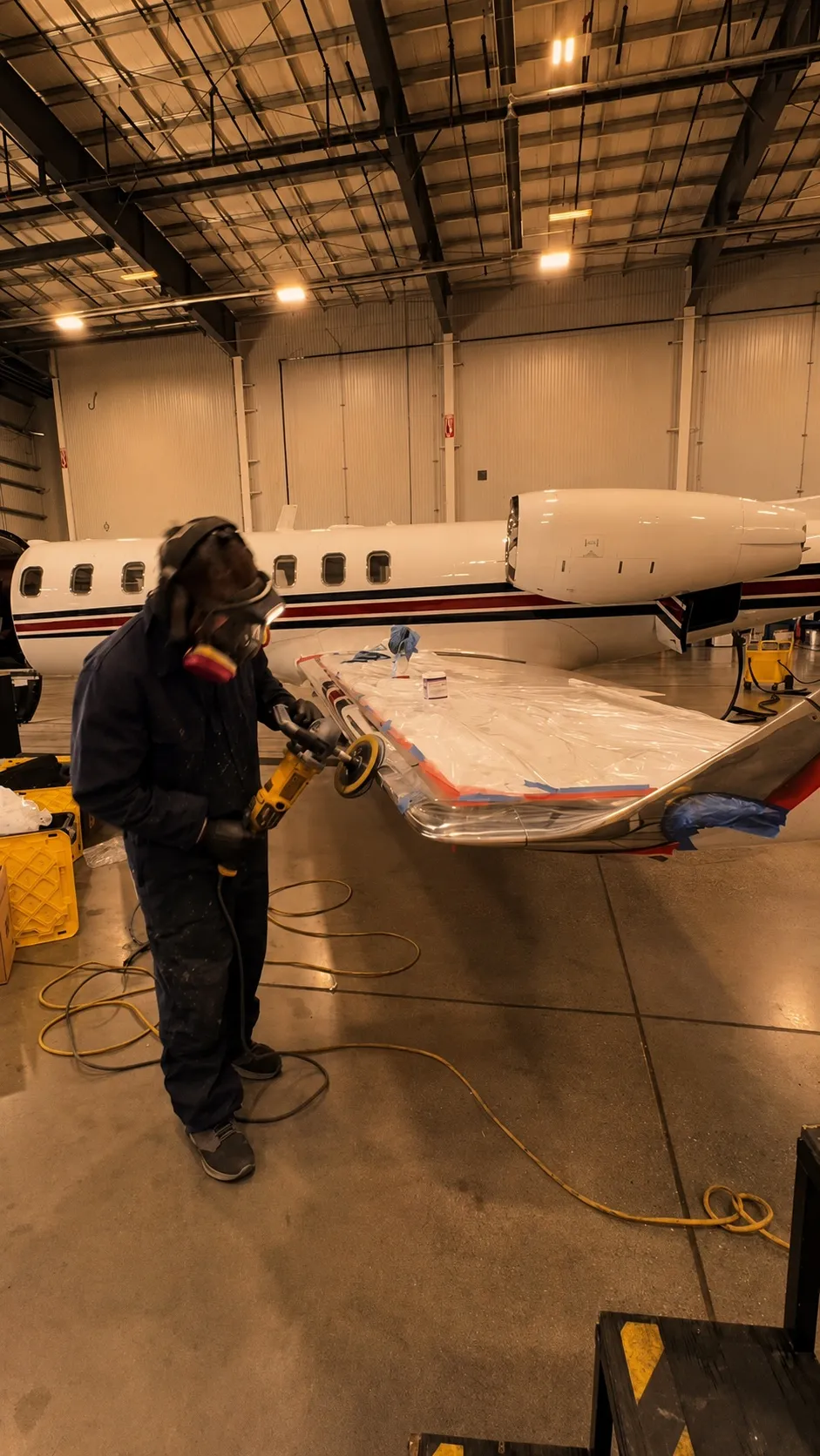Machine-polishing a jet wing in the hangar